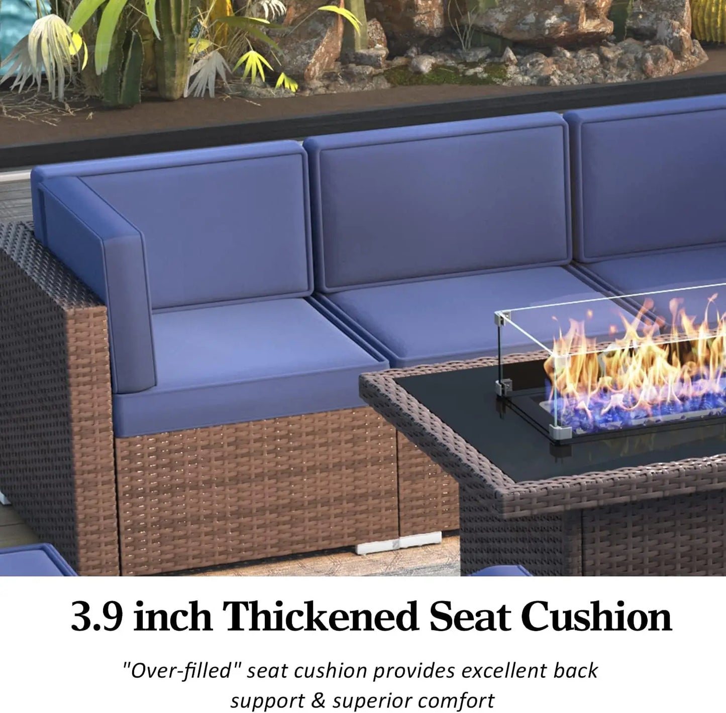 8 Piece Patio Furniture Set with 44" Propane Gas Fire Pit Table, Set Wicker Rattan Sofa Set and Coffee Table Rattan Möbel