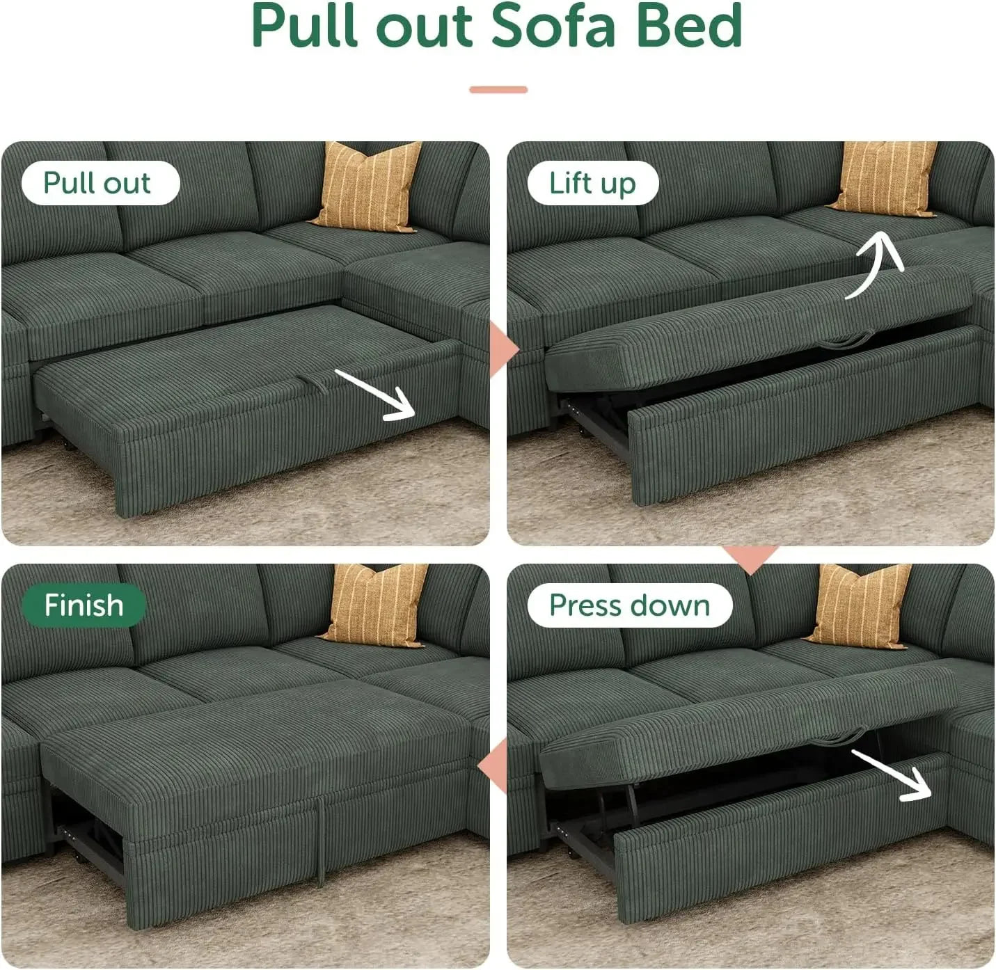 Modular Sectional Sleeper Sofa with Pull Out Bed,Corduroy Sectional CouchOttoman,U Shaped Sectional Couches Living Room,Green