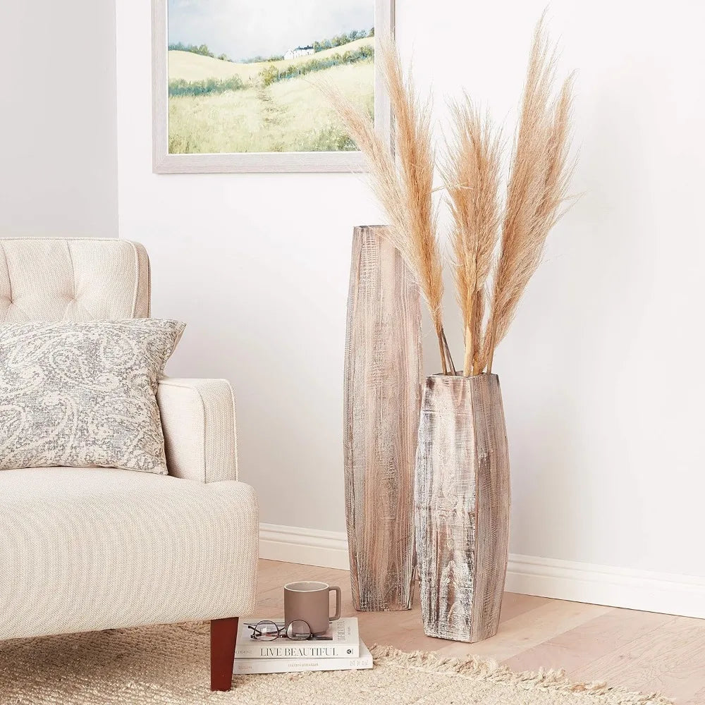 Set of White Washed Tall Oblong Wooden Vases Large & Small Brown White Washed Wooden vases