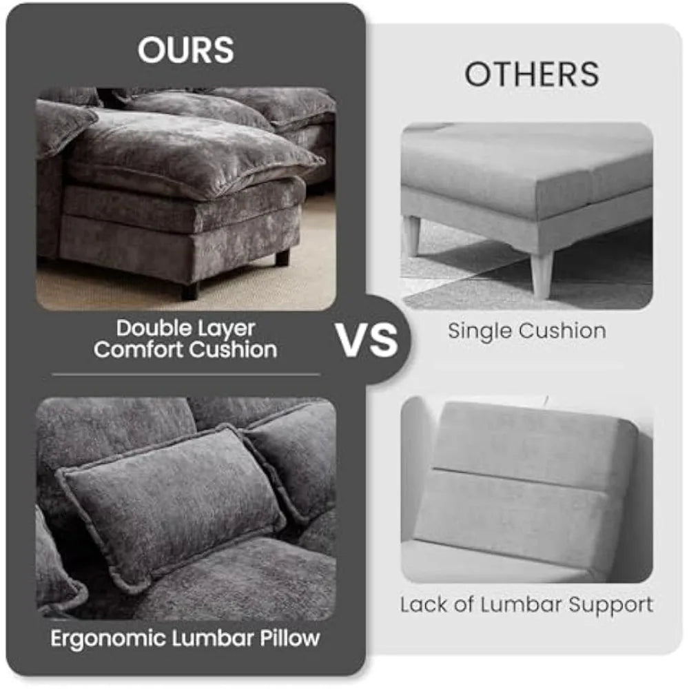 U Shape Cloud Couch, 4 Seats Comfy Sectional Sofa Couches for Living Room, Modular Chenille Sofas with Double Reversible Chaise