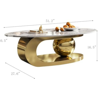 Oval Stone Coffee Table, Gold Metal Base Marble Coffee Table Center Table, Luxurious Gold and Stone Living Room Table