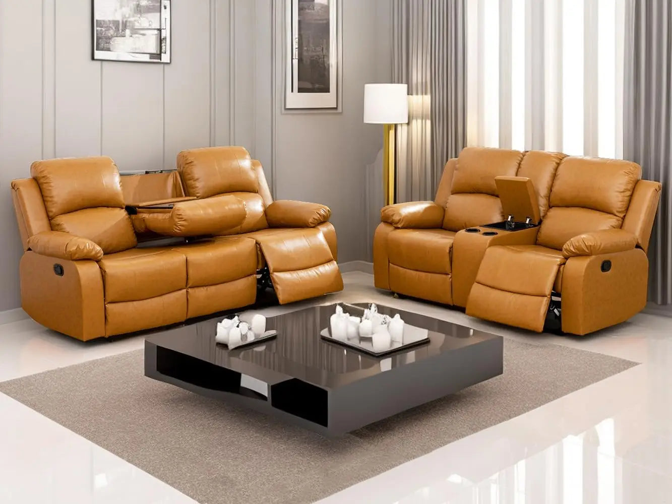 Sofa Set Living Room Furniture Reclining Couch Set with Cup Holders/Storage Console/Drop Down Table Fabric Recliner Sofa Set