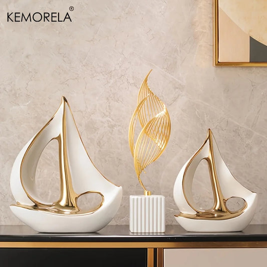 Ceramics Luxury Sailboat Sculpture - Post-modern Living Room Ornament - Desk Accessory - Decorative Boat Figurine