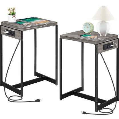 Nightstands Set of 2 with Charging Station, 2 Tier Bedside Table with USB Ports and Outlets, Narrow End Table with Storage Shelf