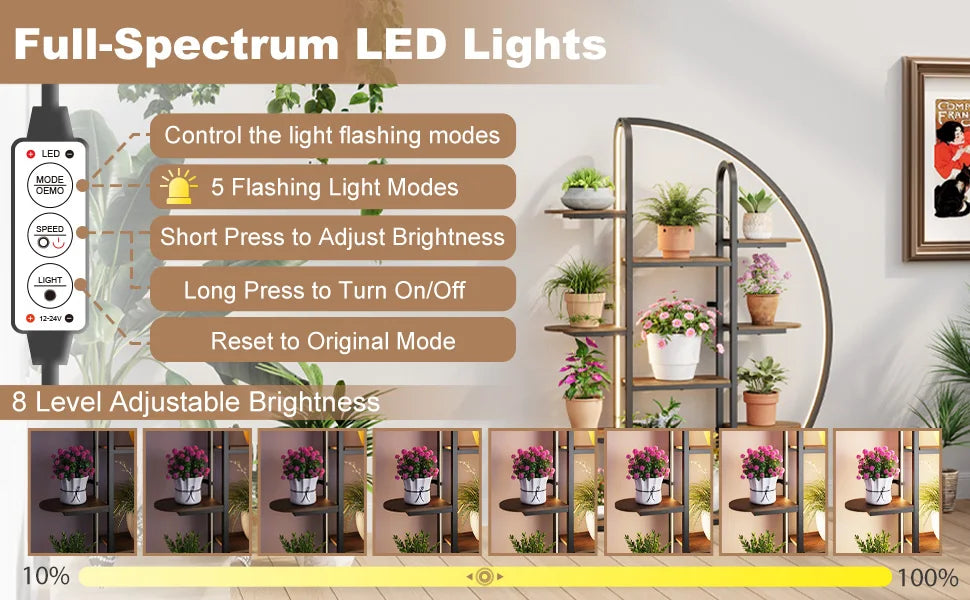 Big Plant Stand Indoor with LED Light, 65”Tall Metal Plant Shelf Flower Stand for Multiple Plants, 9 Tier Moon-Shaped Plant Rack