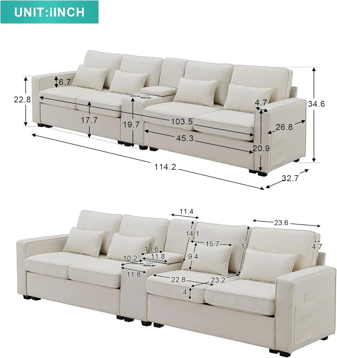 Upholstered Sectional Sofa with Console, 2 Cup Holders and 2 USB Ports & Wirelessly Charged, Modern Linen Fabric 4-Seat