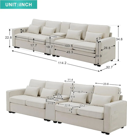 Upholstered Sectional Sofa with Console, 2 Cup Holders and 2 USB Ports & Wirelessly Charged, Modern Linen Fabric 4-Seat