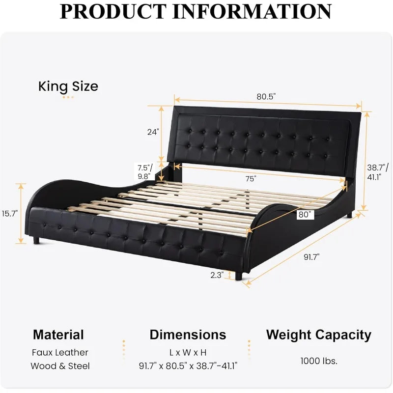 King Size Box-Tufted Faux Leather Platform Bed Frame