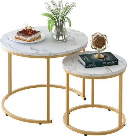 Coffee Table Nesting White Set of 2 Side Set Golden Frame Circular Round and Marble Pattern Wooden Tables