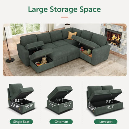 Modular Sectional Sleeper Sofa with Pull Out Bed,Corduroy Sectional CouchOttoman,U Shaped Sectional Couches Living Room,Green