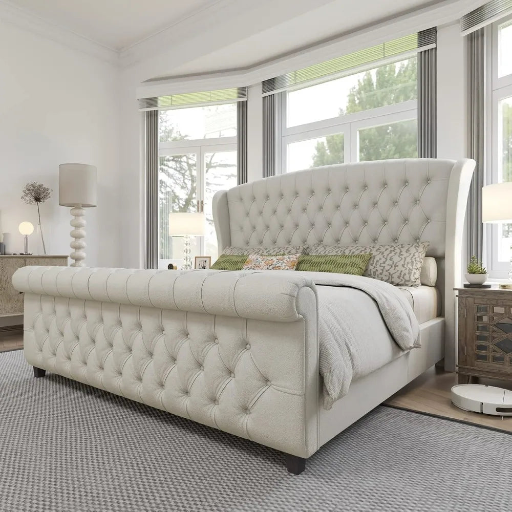 King Size Chenille Platform Bed with Wingback Headboard