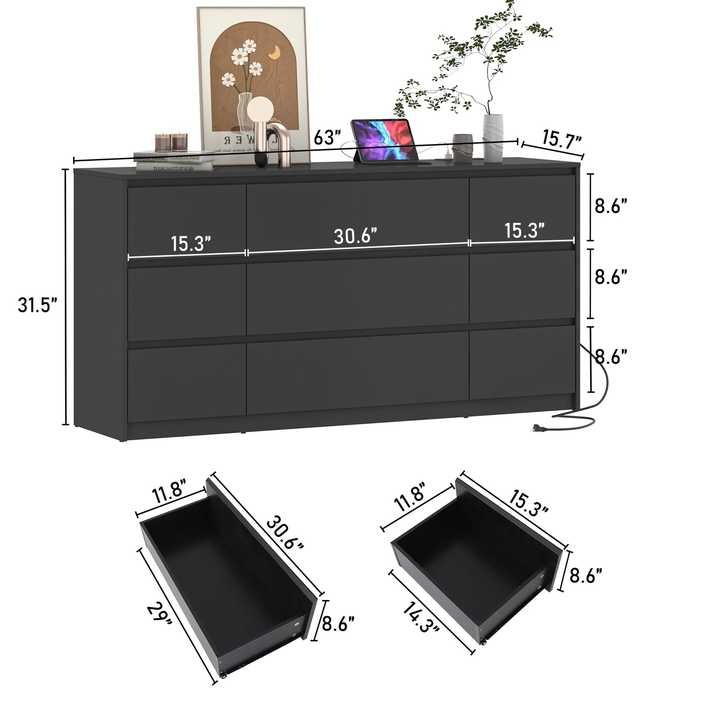 "63” 9-Drawer Dresser with Charging Station, Handle-Free