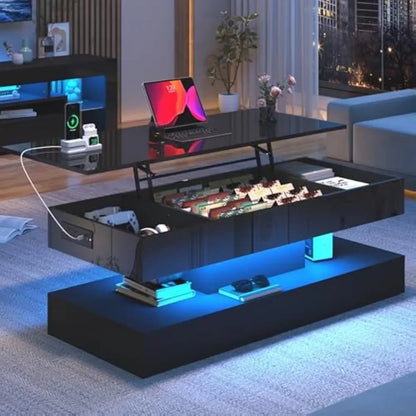 47.2" Large Lift Top Coffee Table,Modern High Glossy LED Coffee Tables for Living Room with Storage,Black Living Room Tables