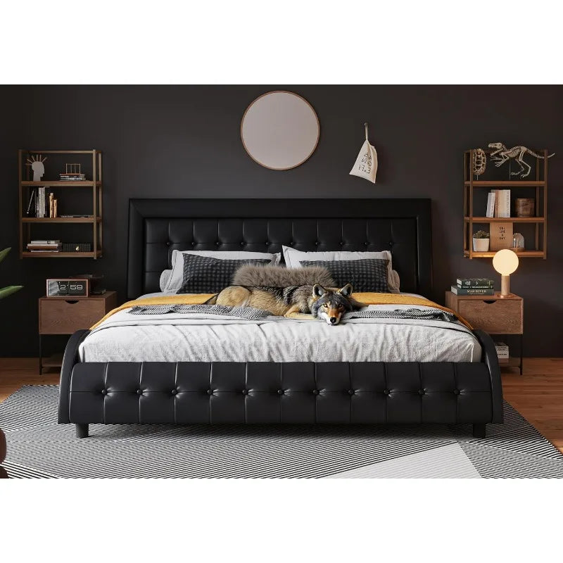 King Size Box-Tufted Faux Leather Platform Bed Frame