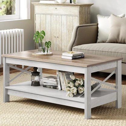 Coffee Table for Living Room,Modern Farmhouse Coffee Table with Storage,2-Tier Center Table for Living Room Wood Living Room