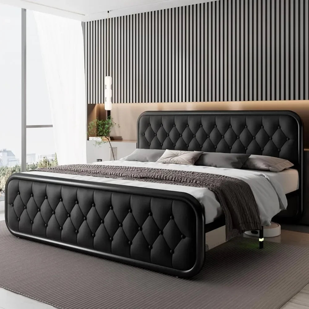 King Size Heavy Duty Bed Frame with Faux Leather Headboard and 12" Storage