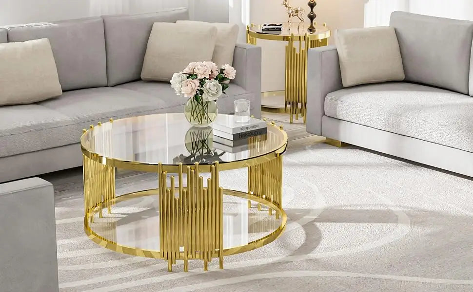 Glass Coffee Table Round Modern Living Room Table, Gold Stainless Steel Metal Leg Clear Tempered Glass, Sofa Center Table