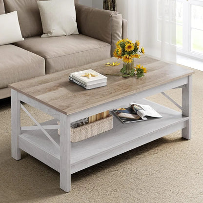 Coffee Table for Living Room,Modern Farmhouse Coffee Table with Storage,2-Tier Center Table for Living Room Wood Living Room