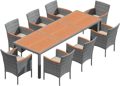 9 Piece Patio Dining Set Outdoor Acacia Wood Table and Chairs with Soft Cushions Wicker Patio Furniture for Deck, Backyard