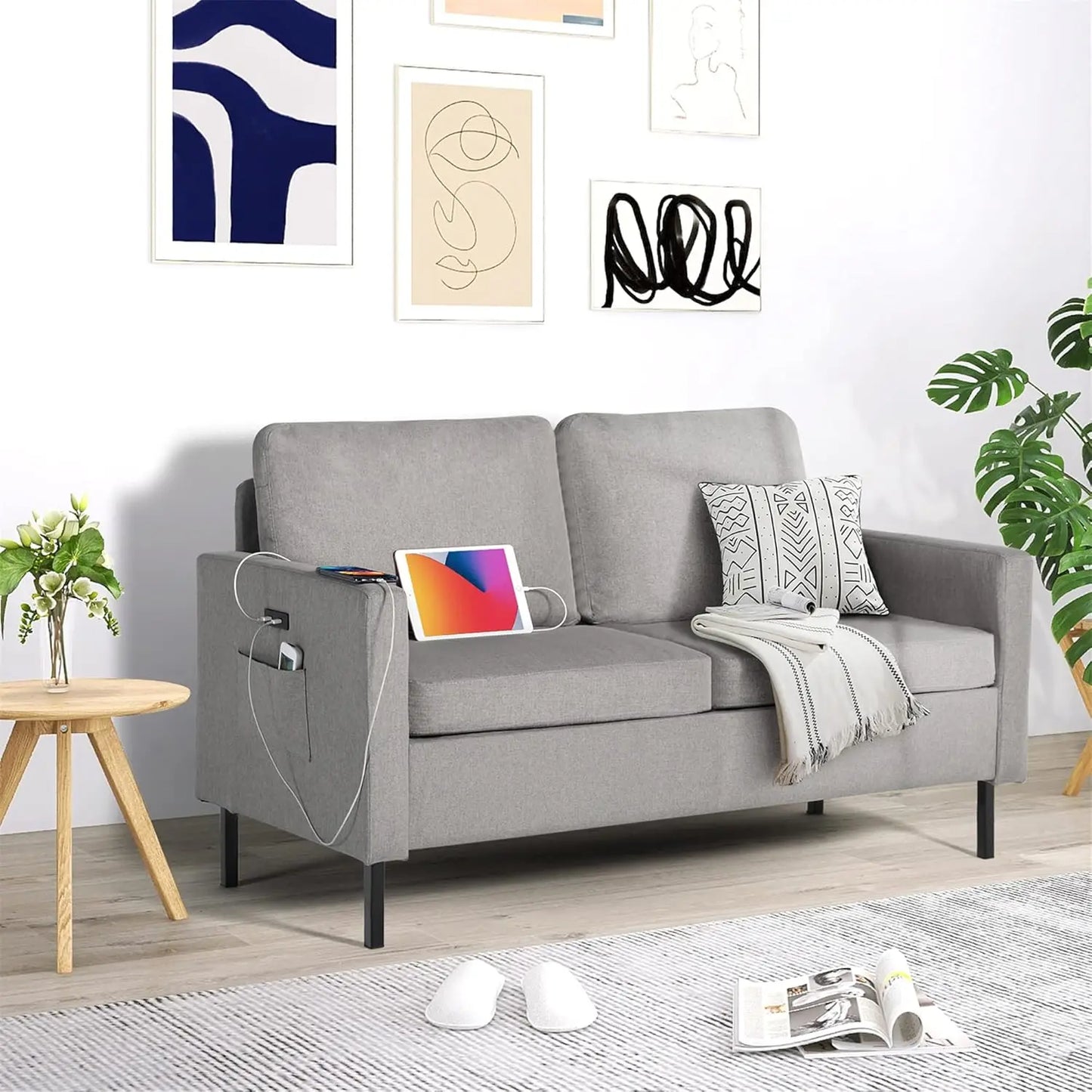 56" W Fabric Loveseat Sofa with 2 USB, Small Couches for Living Room Furniture, Bedroom, Office, Easy Assembly & Comfy Cushion, Light Grey