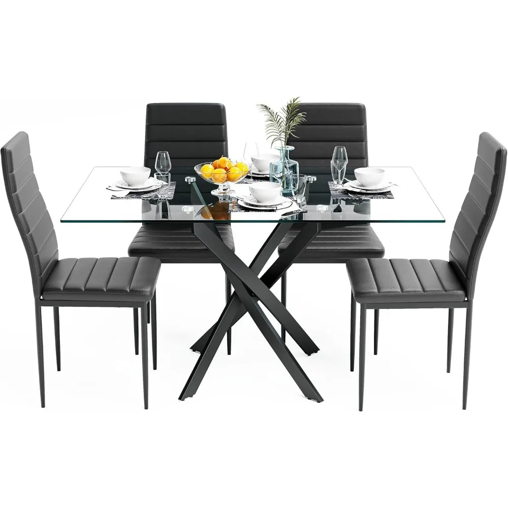 5 Piece Dining Table Set, Tempered Glass Dining Set for 4 Kitchen Table Set with 4 Upholstered High-Back Chairs