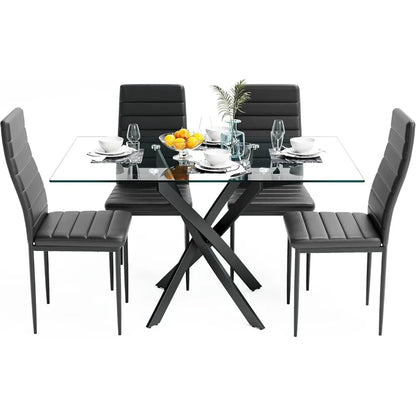 5 Piece Dining Table Set, Tempered Glass Dining Set for 4 Kitchen Table Set with 4 Upholstered High-Back Chairs