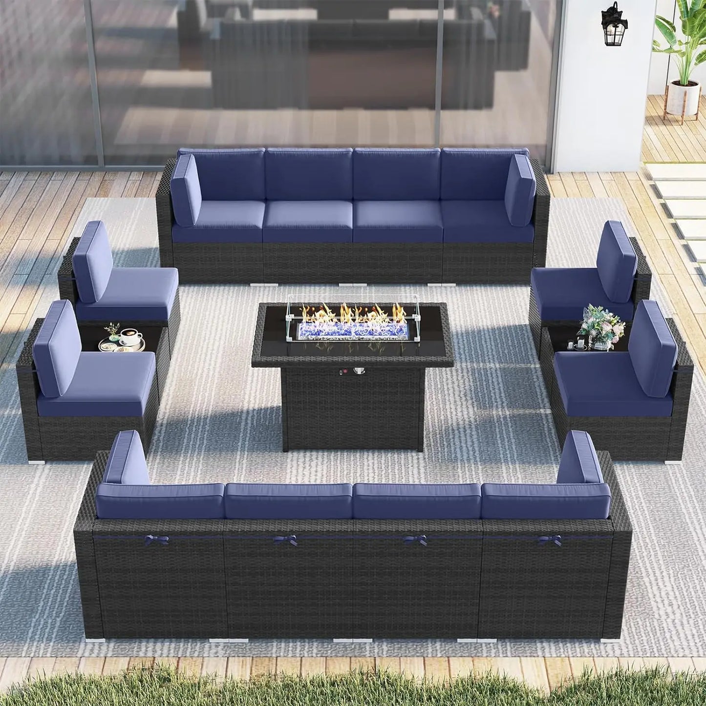 15 Piece Patio Furniture Set with Fire Pit Table, Outdoor Conversation Sets Wicker Rattan Sectional Sofa with Coffee Table