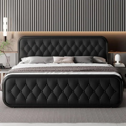 King Size Heavy Duty Bed Frame with Faux Leather Headboard and 12" Storage