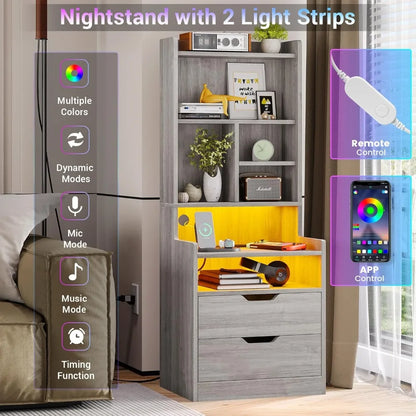 Tall Nightstand with Charging Station and LED Lights, LED Gray Nightstand with Drawers and Shelves, Tall Bedside Table