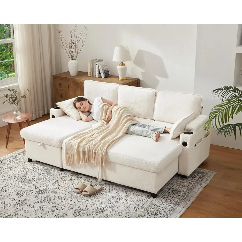 Sofa Bed Sleeper Pull Out 2 in 1 Sectional Sleeper Sofa Couches with Storage,USB, Cup Holder,Pullout Sectional Couches