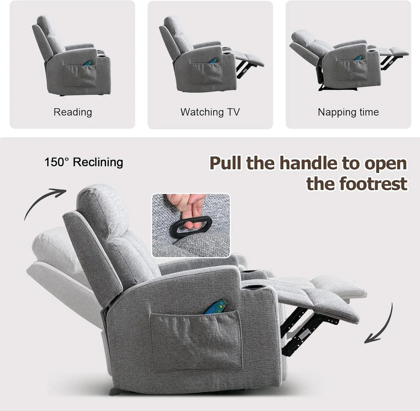 Home Manual Recliner Chair with Massage and Heat for Living Room Overstuffed Breathable Fabric Reclining Chair with 2 Side Pocke