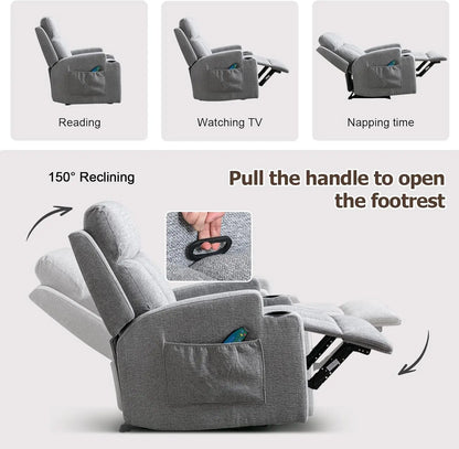 Home Manual Recliner Chair with Massage and Heat for Living Room Overstuffed Breathable Fabric Reclining Chair with 2 Side Pocke