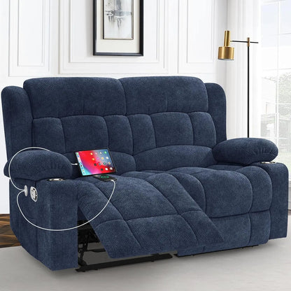 Loveseat Recliner Sofa, 2 Seater Minimalist Style Fabric Manual Pull Tab Reclining Loveseat with USB Charge Ports, Cup Holders