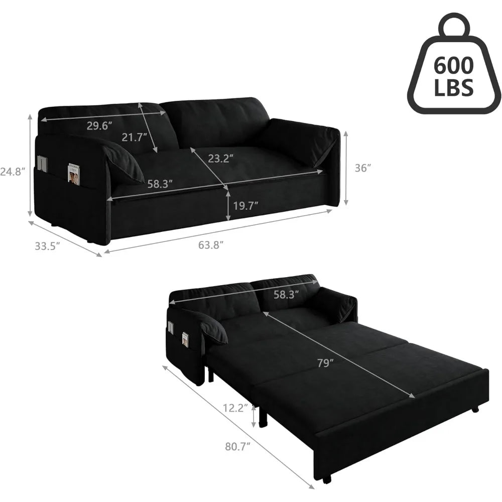 63.8" Queen Pull Out Sofa Bed, Velvet Convertible Sleeper Sofa Couch with Side Storage, Comfy Loveseat Bed Pull Out Couch