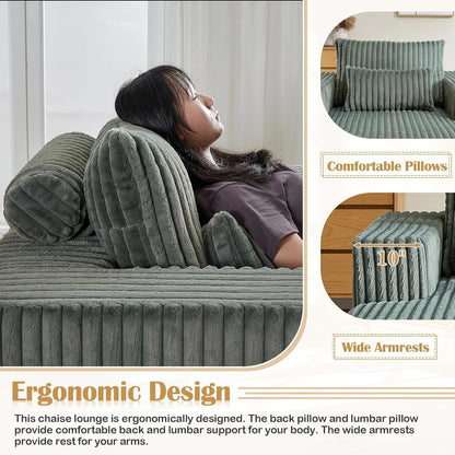 Oversized Chaise Lounge Chair Indoor,48.5" Upholstered Plush Corduroy Sofa W Armrests&Pillows,Comfy Lounge Sofa Deep Seat Sofa