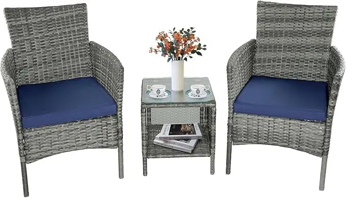 3-piece Terrace Furniture Set, Outdoor Terrace Furniture Set with PE Rattan Wicker Chairs and Table