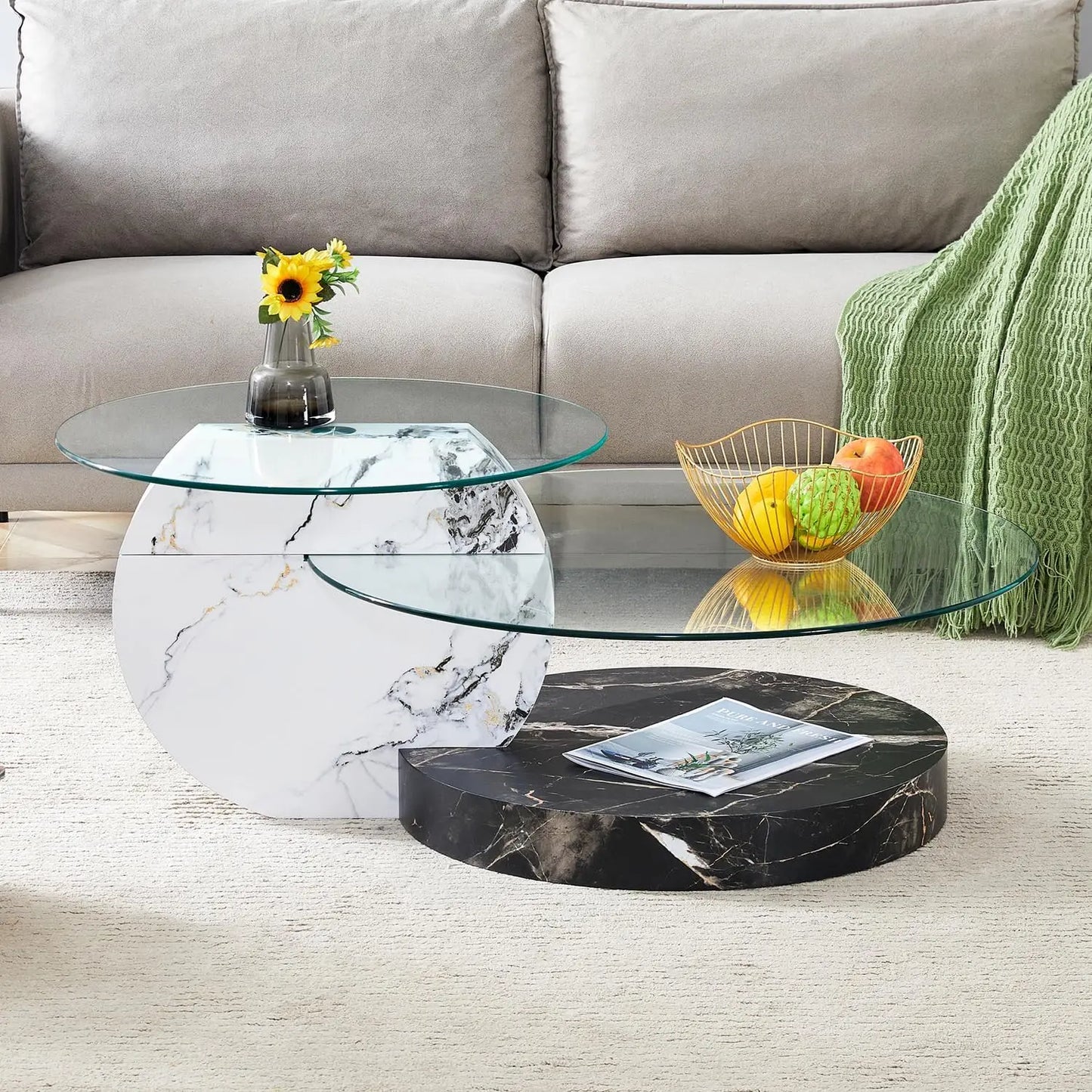 Glass Coffee Table, Modern Round Tempered Glass Coffee Tables for Living Room, 3-Tier Circle Wood Coffee Table