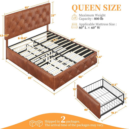 Queen Upholstered Bed Frame with 4 Storage Drawers and Adjustable Headboard, Faux Leather Platform Bed with Mattress