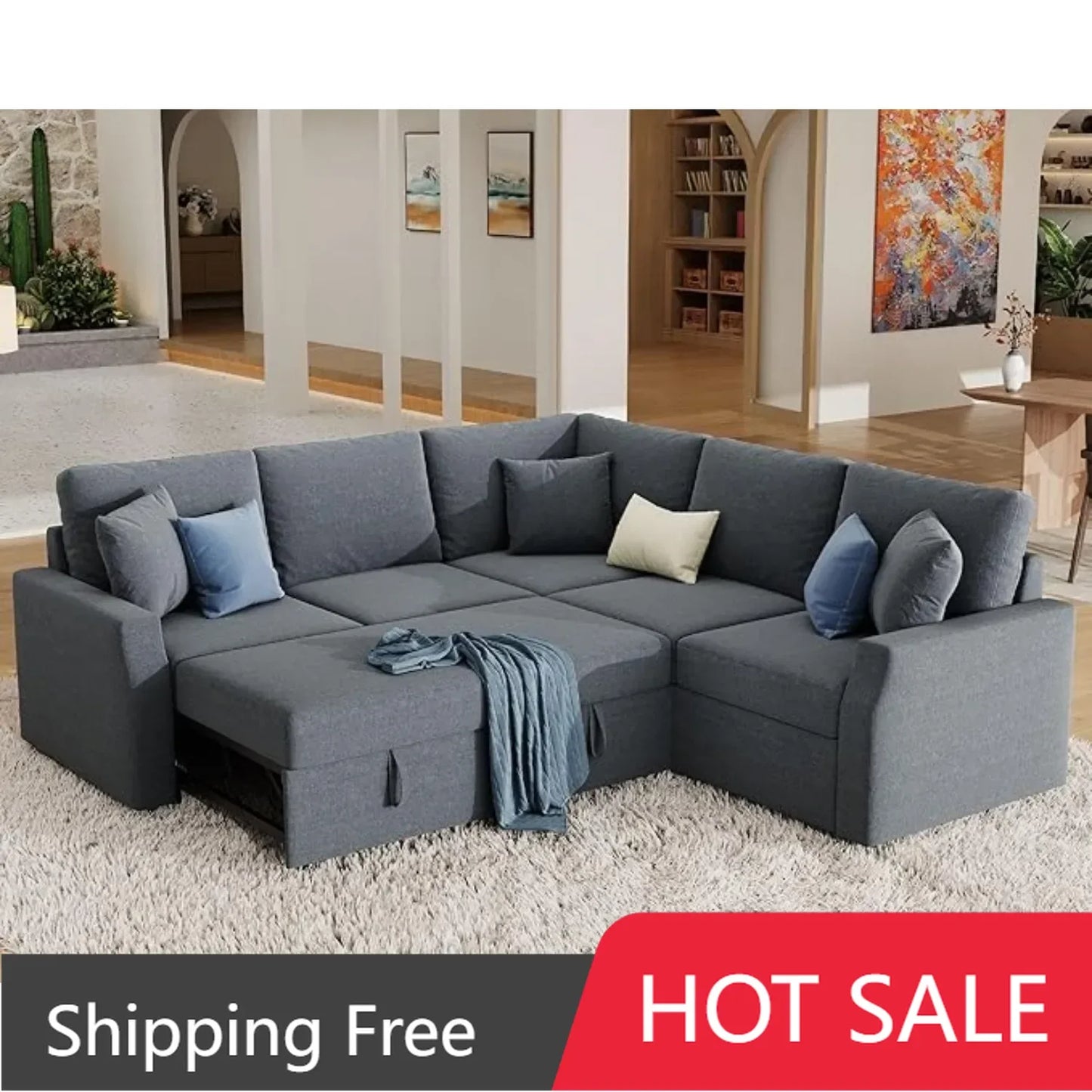 Sofa Bed, 85 In Sleeper Sofa w/ Pull Out Bed & Storage Seat, Oversized L Shape Sectional Sofa, Grey Linen Reversible Couch