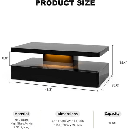 LED High Glossy Coffee Table, Modern Coffee Table for Living Room,2 Tiers Rectangle Design Table with 16 Colors LED Lights Black