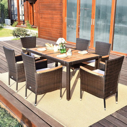 7 Piece Outdoor Patio Dining Set with Acacia Wood Table Top, Polyester Wicker Dining Table and Chair Set (Brown)