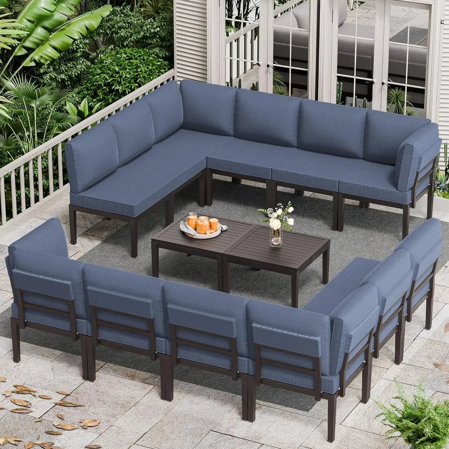 14 Pieces Patio Furniture Set 12-Seat Metal Modular Outdoor Patio Conversation Sectional w/Thick Cushion