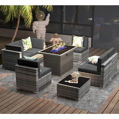 8 Pieces Patio Furniture Set with 44Propane Gas Fire Pit Table,Outdoor Sectional Wicker Conversation Sofa Sets with Coffee Table