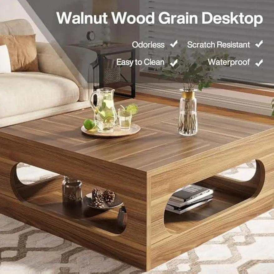 43-Inch Coffee Table with LED Light, Square Coffee Table with Storage, Wood Cocktail Table, Farmhouse Center Table