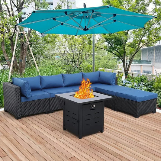 Outdoor Patio Furniture 8 Piec Set with Fire Pit Table, PE Rattan Couch Conversation Sets with Cushion, Outdoor Furniture Set