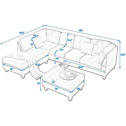 Living Room Furniture Sets,Sectional Sofa with Storage Ottoman,L-Shaped 2 Pillows&Extra Wide Reversible Chaise,Upholstered