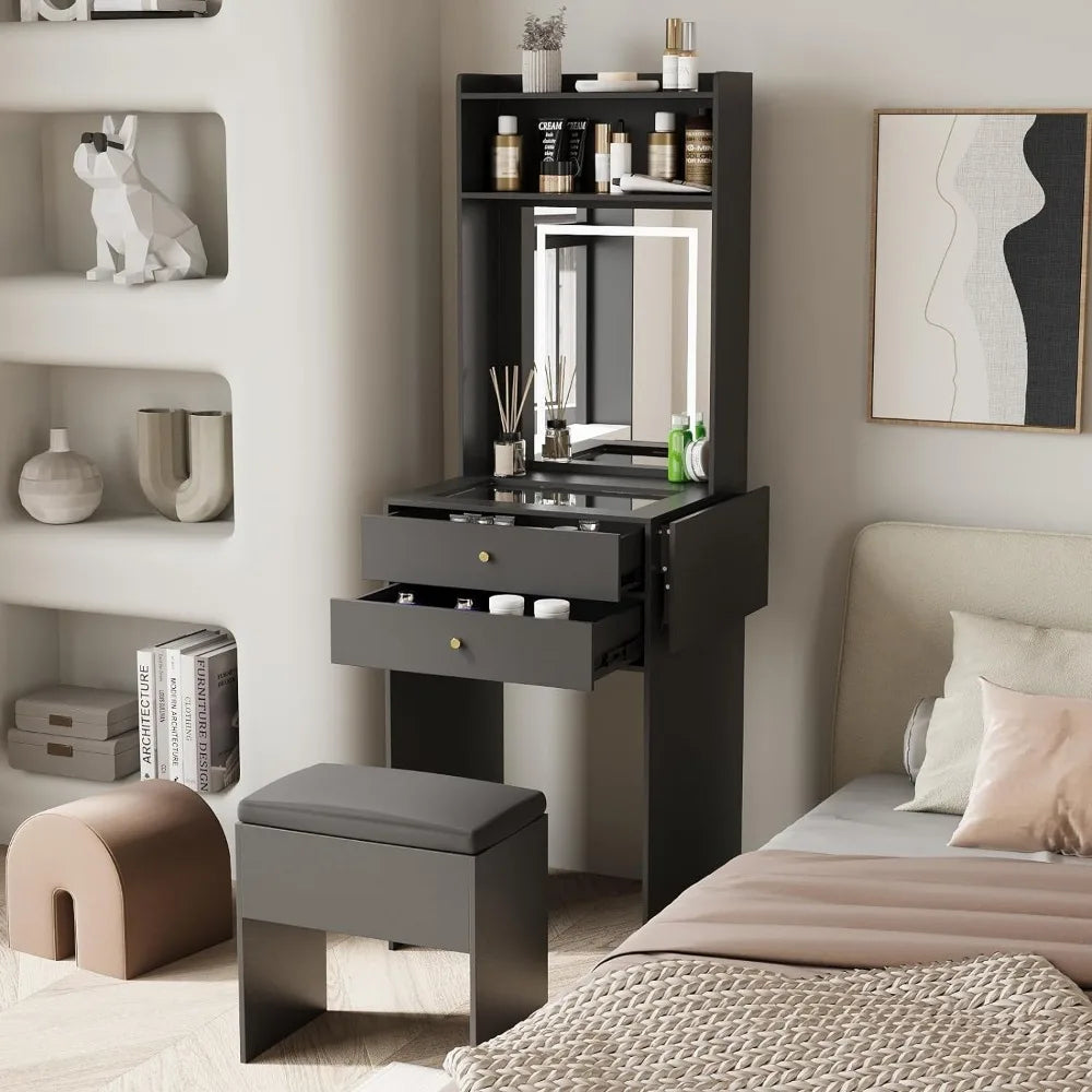 Compact Black Vanity Table with Fold-Up Panel and Storage Chair