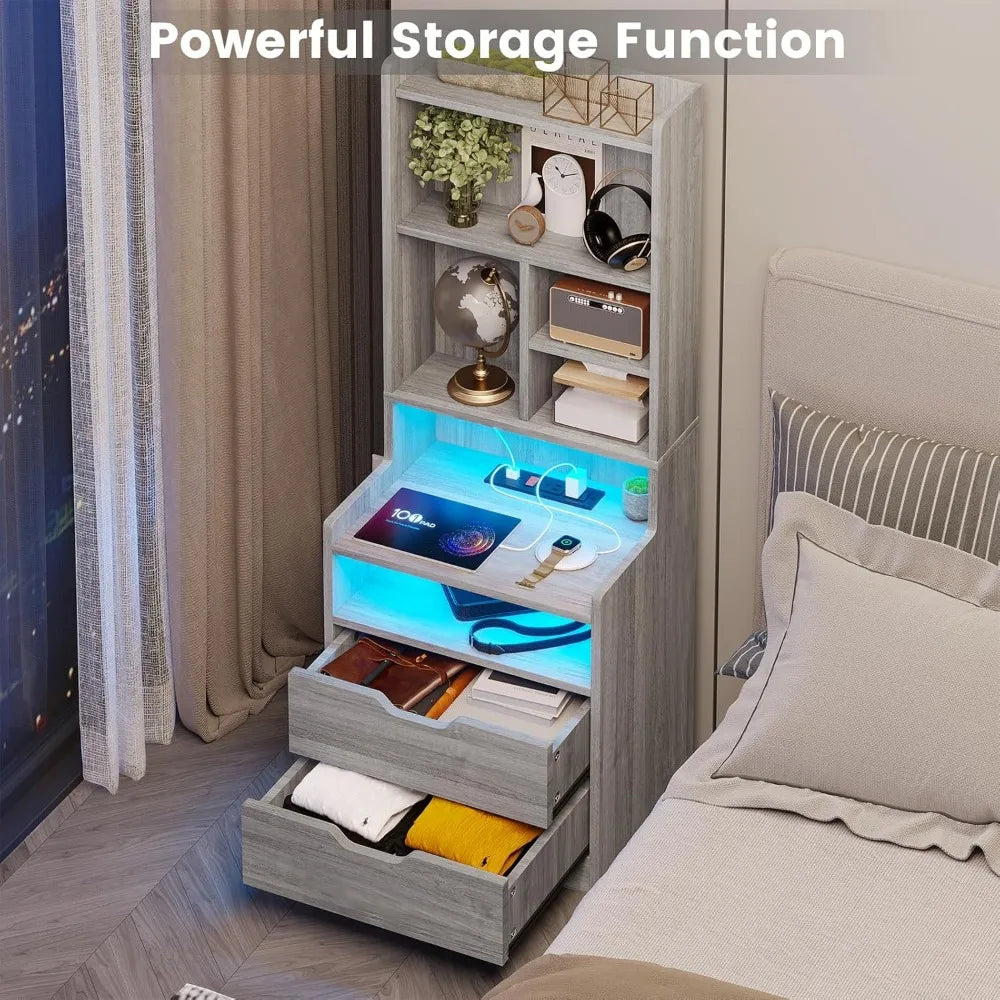 Tall Nightstand with Charging Station and LED Lights, LED Gray Nightstand with Drawers and Shelves, Tall Bedside Table