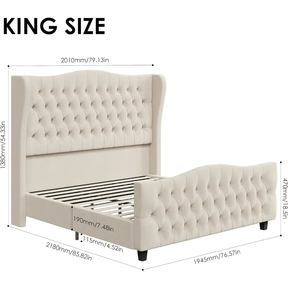 King Bed Frame with Velvet Tufted Wingback Headboard