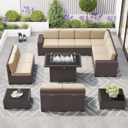 8 Piece Patio Furniture Set with 44" Propane Gas Fire Pit Table, Set Wicker Rattan Sofa Set and Coffee Table Rattan Möbel